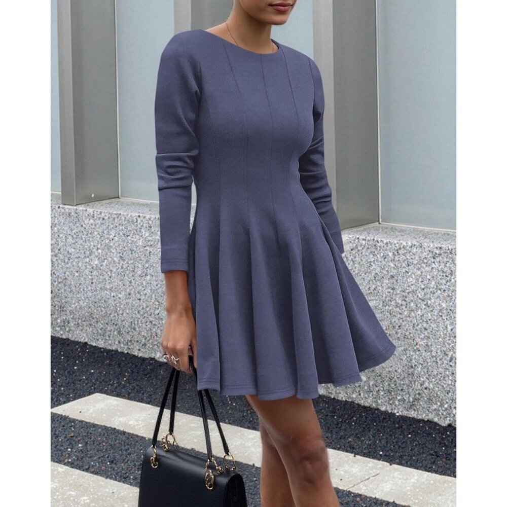 Women Grey Blue High Waist Pleated Flowy A Line Long Sleeve Casual Fall Dress - Picture 4 of 5